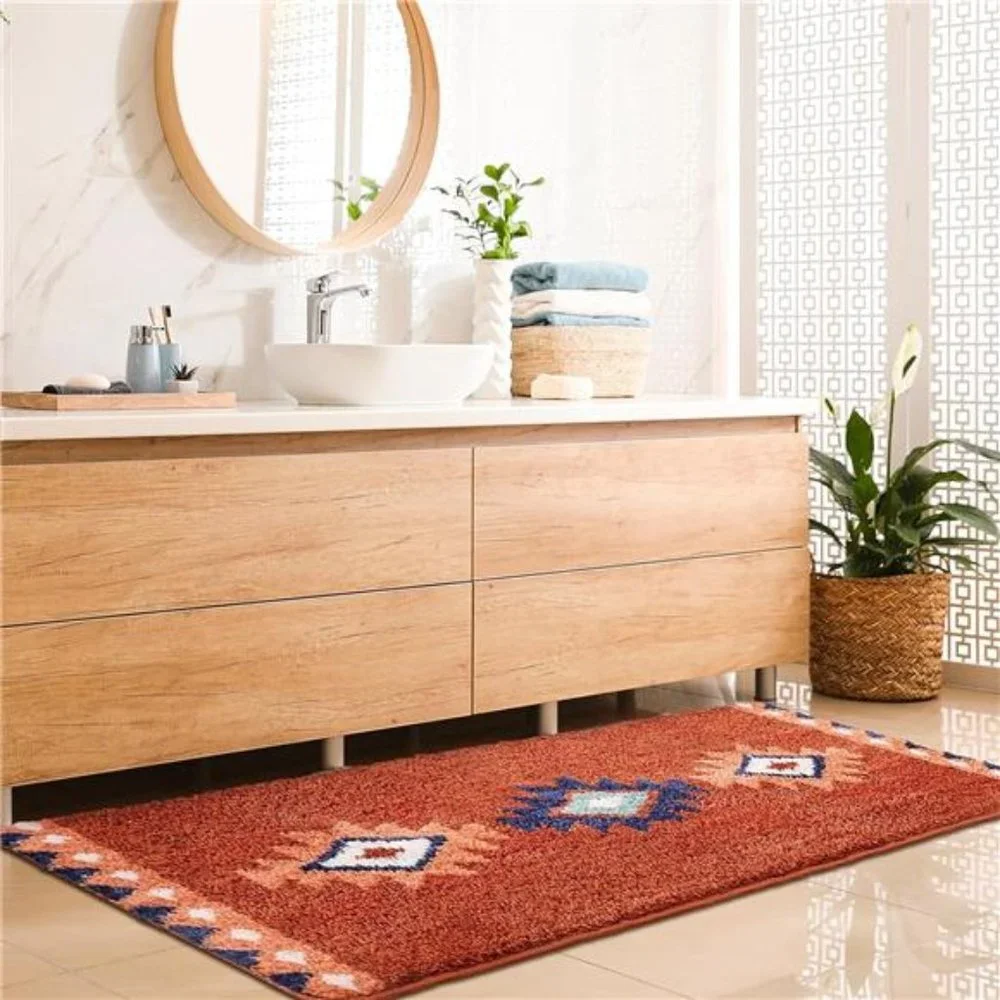 Boho Style Bathroom Rug, Bohemian Terracotta Color Vintage Bathroom Mat